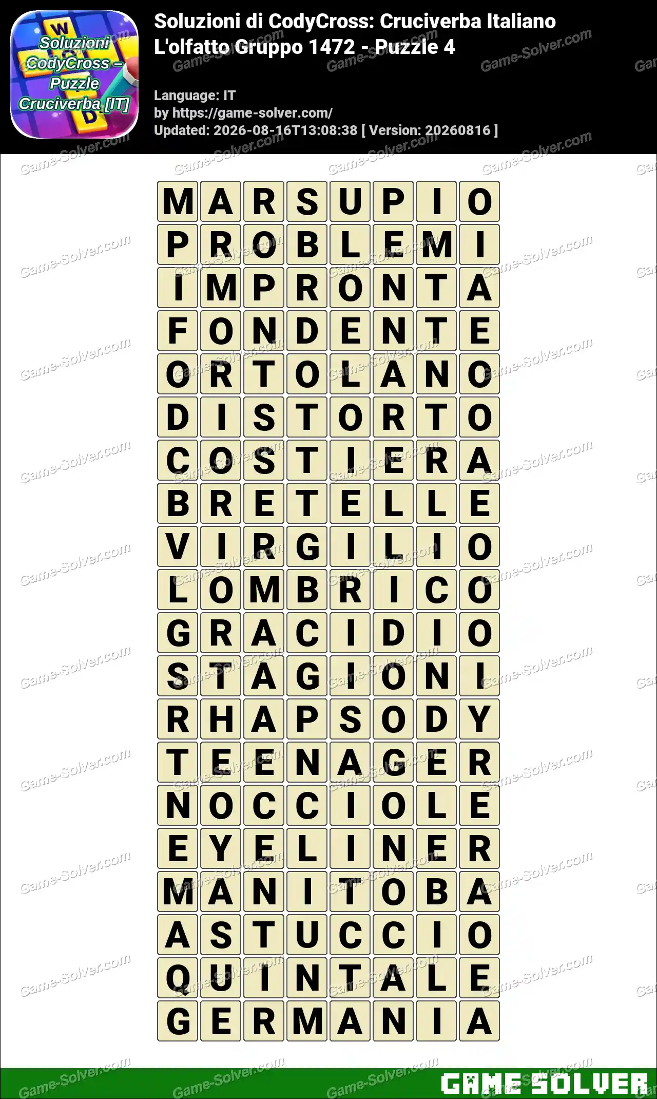 Soluzioni di CodyCross: Cruciverba Italiano L’olfatto Gruppo 1472 – Puzzle 4